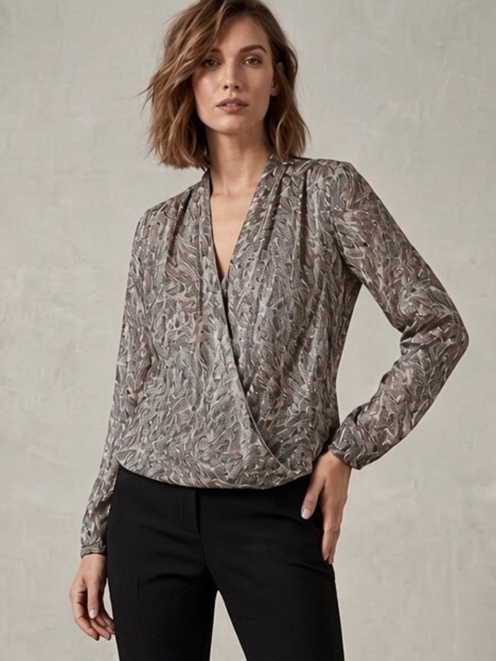White House Black Market Gray Shimmer Leaf Print Surplice Blouse: Size 8